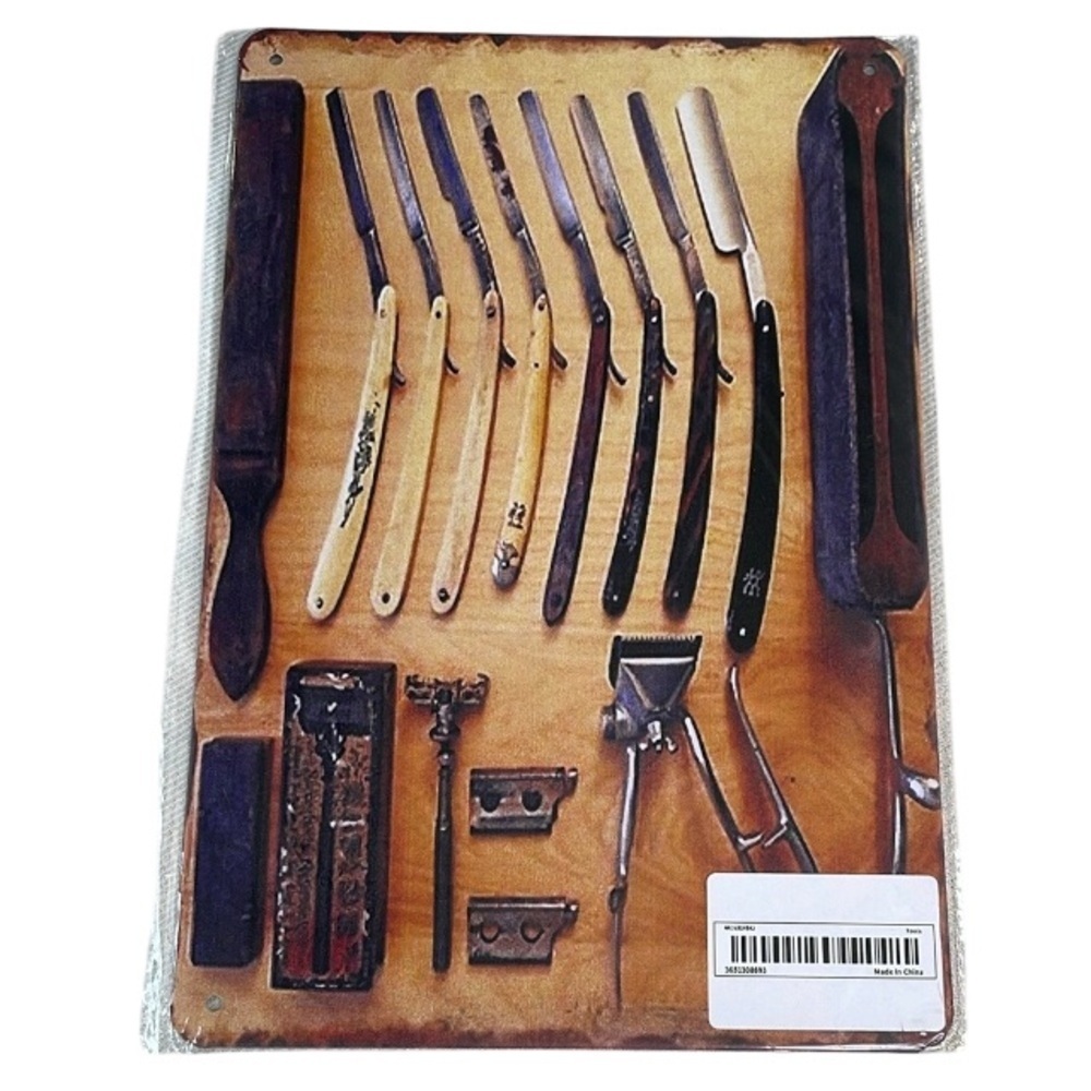 Barber Shop Vintage Vibe Metal Sign Decor Straight Blades Clippers Razors